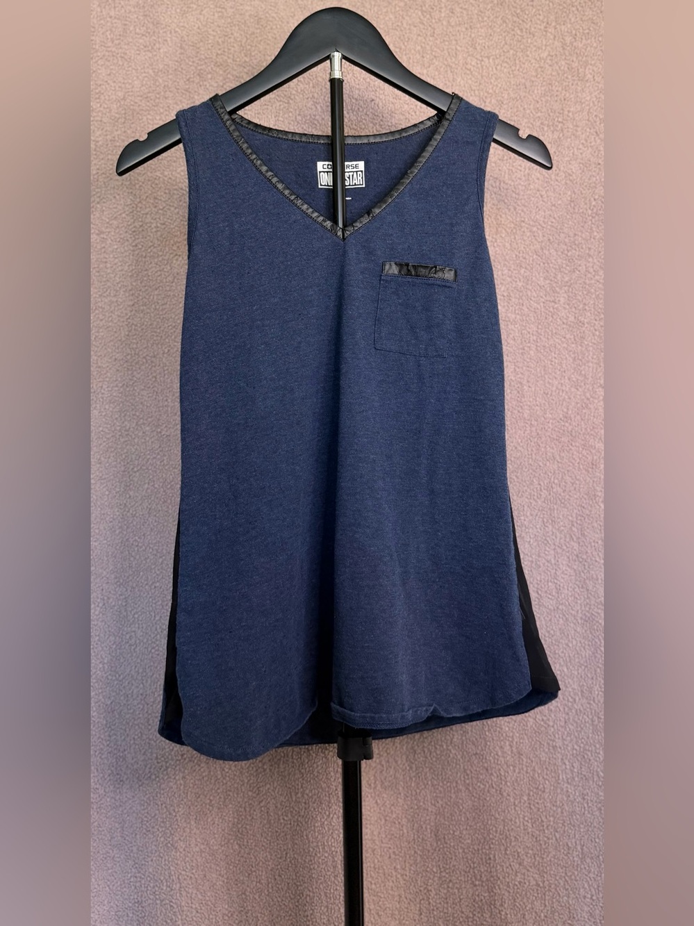 Converse One Star Women’s S Navy V-Neck Tank Top Faux Leather Trim Pocket